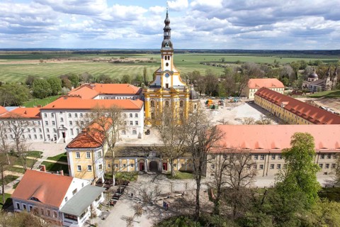 Neuzelle, 16.04.14 JE, Aerial view of Neuzelle Monastery. The Cistercian monastery with the