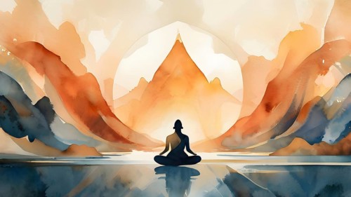 Abstract illustration of a tranquil figure in an asana yoga pose with fluid lines in soothing