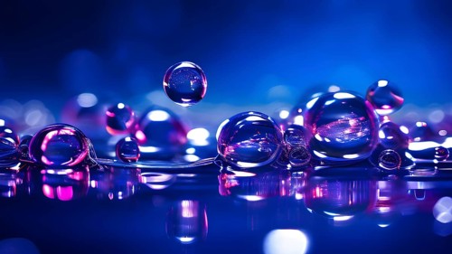 A cluster of iridescent vibrant blue oil bubbles floating on a water surface, AI generated