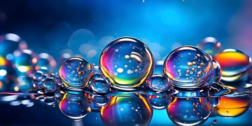 A cluster of iridescent vibrant oil bubbles floating on a water surface, AI generated