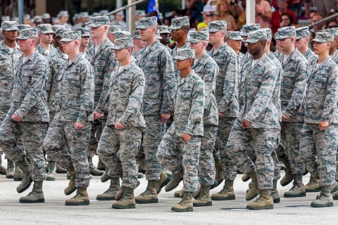 Flight of airmen marching in formation during United States Air Force basic training graduation
