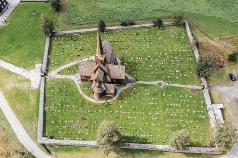 Aerial view of Lom stave church and cemetery, Lom, Norway, Europe