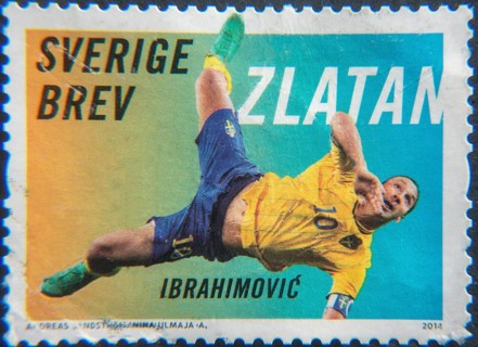 Zlatan Ibrahimovic, a Swedish famous professional footballer. Portrait on a Swedish post stamp