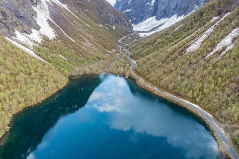 Arial view of lake Lygnstoylvatnet, lake dammed up by a rock slide, valley Norangdalen, Norway,