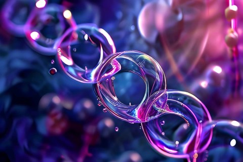 Helix shaped structure bathed in vibrant purple color interconnected with a string of iridescent