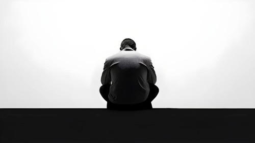 Minimalist rendering showcasing a lone man as symbol for human resilience, AI generated
