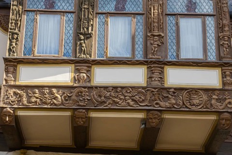 Breastcloth of a former patrician house from 1521, carvings, Goslar, Lower Saxony, Germany, Europe