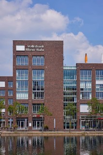 Head office and main cash desk of Volksbank Rhein-Ruhr am Innenhafen in Duisburg, Ruhr area,