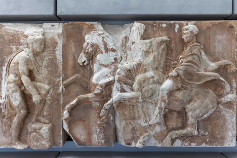 Scene with horsemen from the Parthenon frieze, original, Acropolis Museum, architect Bernard