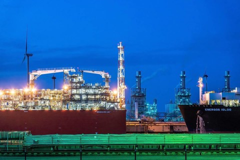 EemsEnergyTerminal, floating LNG terminal in the seaport of Eemshaven, tankers bring liquefied
