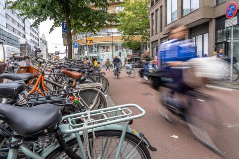 Central cycle path on the Lange Viestraat, in the centre of Utrecht, lanes for pedestrians,