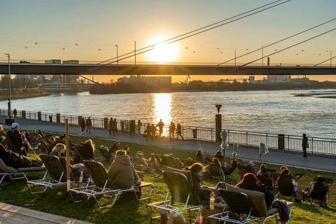 Rhine promenade, city beach, Rhine meadows, banks of the Rhine in the historic city centre of