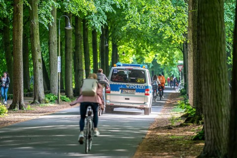 Police patrol on the Promenade cycle path, a tree-lined, car-free, approximately 4.5 km long ring