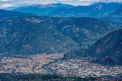 View of Bolzano and the Alps, Adige Valley, South Tyrol, Italy, Europe