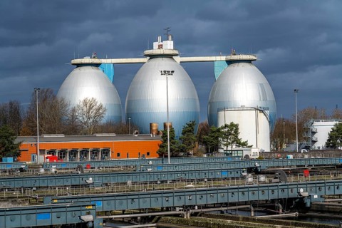 Digesters and secondary clarifiers, Emschergenossenschaft wastewater treatment plant in the