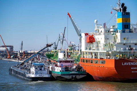 The port of Antwerp, on the Scheldt, is the second largest seaport in Europe, tankers, barges and
