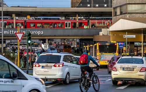 Central station in the city centre of Essen, dense traffic, local train, bus station, local buses,