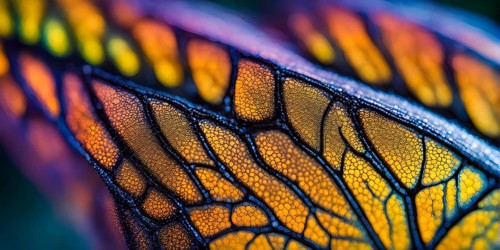 Vibrant butterfly wing with iridescent scales and network of veins, AI generated