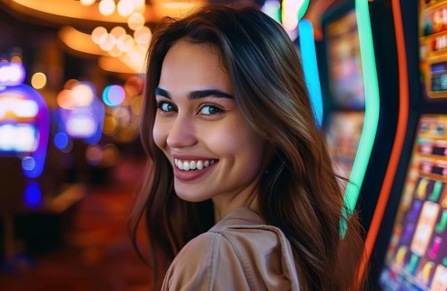 Attractive lady in casino betting her money in casino machines hoping for a win, AI generated