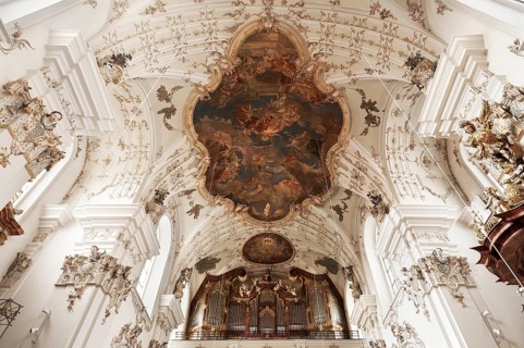 Vaults and organ loft of the baroque St Andrew's Church, 1697-1717, Stadtamhof, Regensburg, Upper