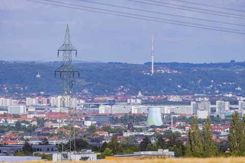 Cityscape Dresden with buildings and famous sights with view to the eastern slopes of the river