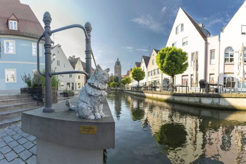 Bronze sculpture by Cornelia Brader: City tomcat Chicco at the city stream, behind it Our Lady's