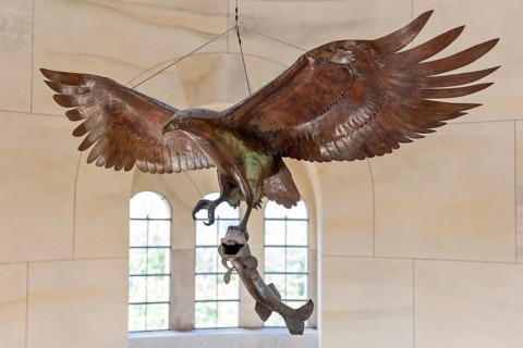 Metal sculpture of an eagle with outstretched wings in a bright room, Rügen, Granitz Castle