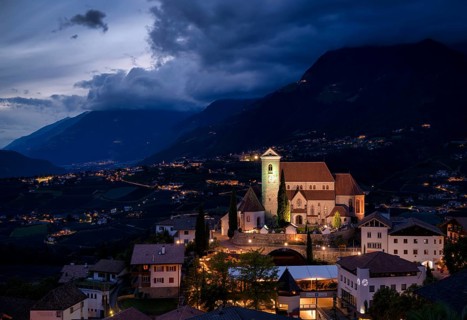 Night shot, New Parish Church of the Assumption of the Virgin Mary, Scena, Scena, South Tyrol,