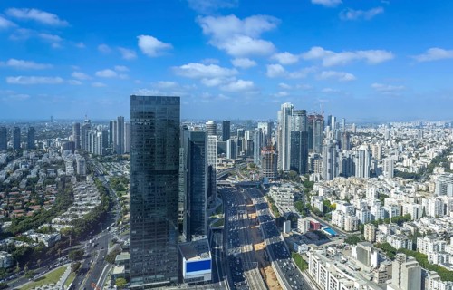 Israel, Tel Aviv financial business district skyline with shopping malls and high tech offices,