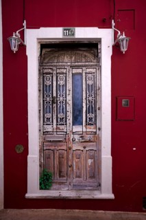 Entrance door, weathered, red, Loulé, Algarve, Portugal, Europe