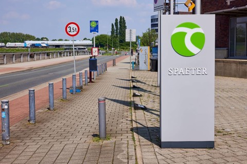 Stele in front of the main headquarters of Stahlhandel Carl Später GmbH at the inner harbour in