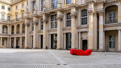 Red plastic seating elements, Humboldt Forum, Berlin, Germany, Europe