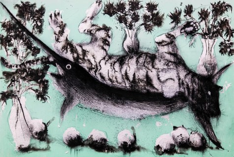 Grisaille with tiger and swordfish, 2022, mixed media on canvas, exhibition Miquel Barcelo, Vida y