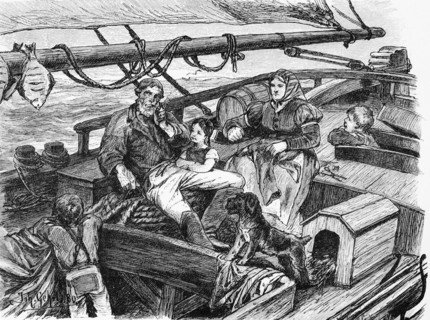 Fishing family on board, North Sea, East Frisia, Lower Saxony, one-master, wooden boat, fisherman,