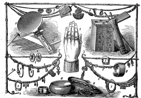 Ancient Egyptian jewellery objects, rings, bracelets and combs, Egypt, ca 1300 BC, Historical,