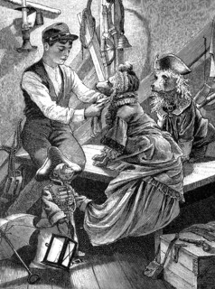 In the monkey theatre, theatre, circus, dogs, monkeys dressed as humans, illustration from 1887,