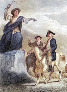 Meg Merrilies predicting the downfall of the House of Ellangown, An engraving from 1820 by H. Cook