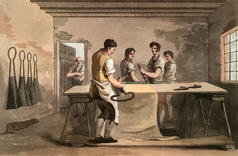 Scene from everyday life in England around 1810, The cloth dresser, tailor processing cloth,