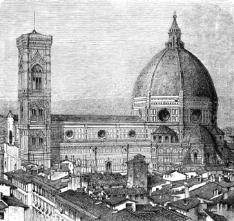 Duomo di Firenze, Florence Cathedral, 13th century cathedral, huge dome, square tower, side view,