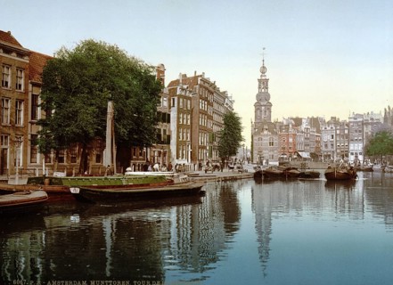 Munttoren or de Munt, Coin Tower, in Amsterdam, Netherlands, ca 1895, Historical, digitally