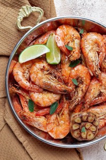 Fried tiger prawns, with spices, homemade, top view