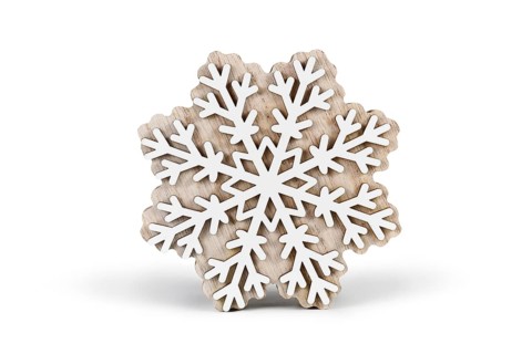 Single wooden and white winter snowflake ornament on white background
