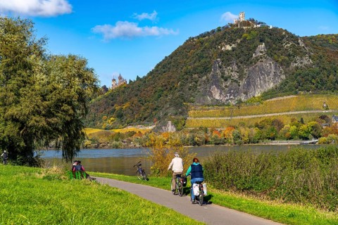 Cycle path on the Drachenfels, a mountain in the Siebengebirge on the Rhine between Bad Honnef and