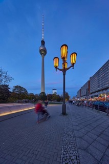 Berlin television tower and lantern at dusk, Rathausstraße, Berlin, capital city, independent city,
