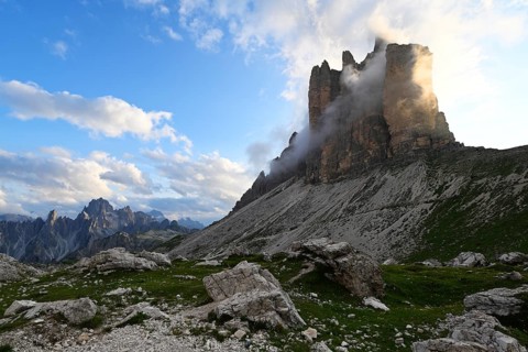 Tre Cime di Lavaredo with clouds in summer, Dolomites, South Tyrol, Italy, Europe