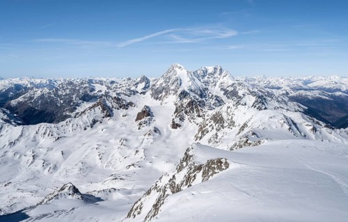 View from the summit of Monte Cevedale, mountain panorama with summit Königsspitze and Ortler,