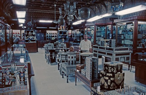 Shop with mother-of-pearl and ivory works, Chan el-Chalili Bazaar, Cairo, Egypt, Africa