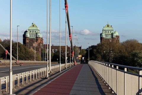 Historic bridge towers of the Friedrich-Ebert-Bridge, bridle belt bridge from 1954, Rhine bridge,