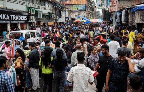 Crowd of people to shop at a street market ahead of Durga Puja festival on October 7, 2024 in