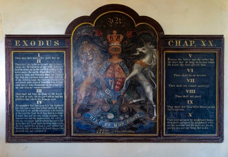 Ten Commandments prayer board and Royal Coat of Arms, church of Saint George, Ogbourne St George,